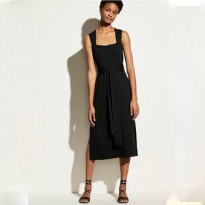Vince Square Neck Belted Midi Sleeveless Dress Side Slit Black Cotton